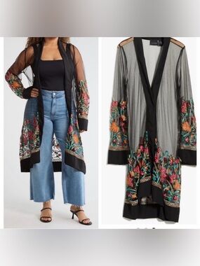 Liv Los Angeles Forgotten Grace  Embroidered Floral Mesh Duster Medium NWT